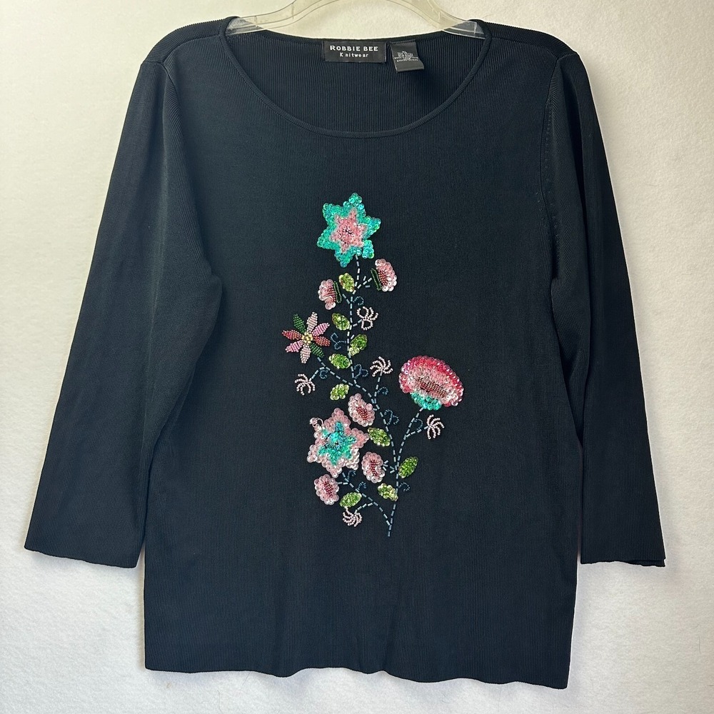 Robbie Bee Womens Sweater XL Black Ribbed Knit Sequin Beaded Floral Scoop